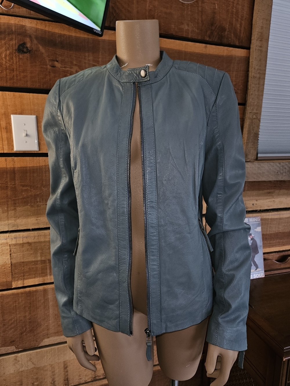 Black Rivet By Wilsons Leather Dusty Blue Moto Biker Jacket Sz L Indie Sleeze